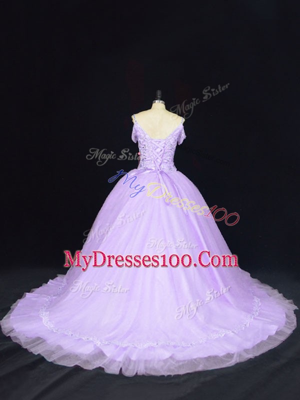 Lavender Off The Shoulder Neckline Beading Ball Gown Prom Dress Sleeveless Lace Up