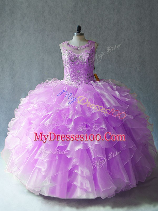 Lilac Organza Lace Up Quinceanera Dresses Sleeveless Floor Length Beading and Ruffles