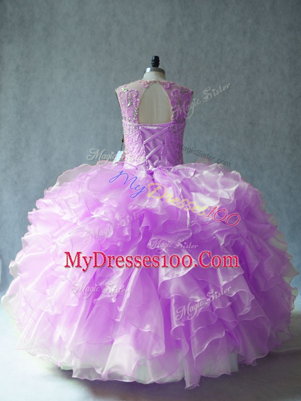 Lilac Organza Lace Up Quinceanera Dresses Sleeveless Floor Length Beading and Ruffles