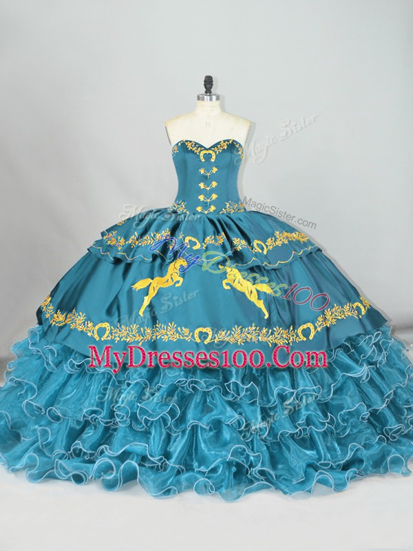 Lace Up Ball Gown Prom Dress Teal for Sweet 16 and Quinceanera with Embroidery and Ruffled Layers Brush Train