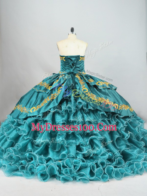 Lace Up Ball Gown Prom Dress Teal for Sweet 16 and Quinceanera with Embroidery and Ruffled Layers Brush Train