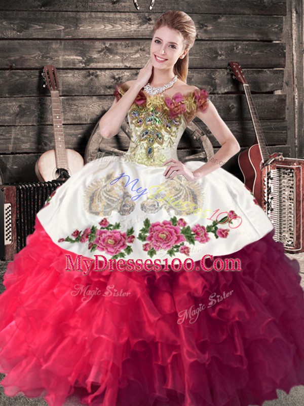 Hot Pink Ball Gowns Embroidery and Ruffles 15 Quinceanera Dress Lace Up Organza Sleeveless Floor Length
