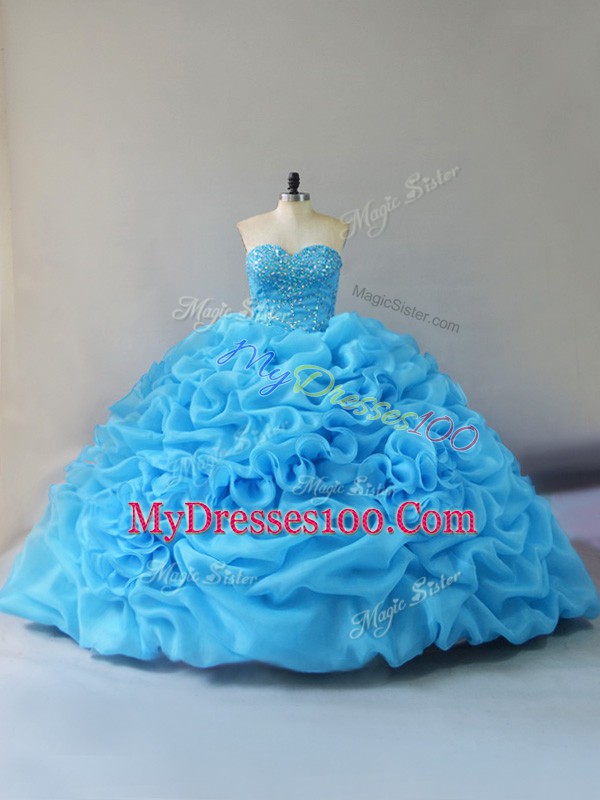Baby Blue Sleeveless Beading and Pick Ups and Hand Made Flower Lace Up 15 Quinceanera Dress