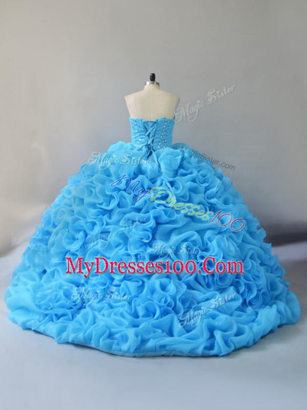 Baby Blue Sleeveless Beading and Pick Ups and Hand Made Flower Lace Up 15 Quinceanera Dress