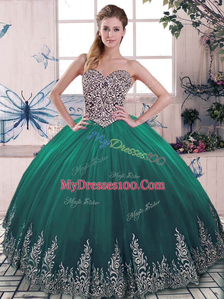 Tulle Sweetheart Sleeveless Lace Up Beading and Embroidery Vestidos de Quinceanera in Green
