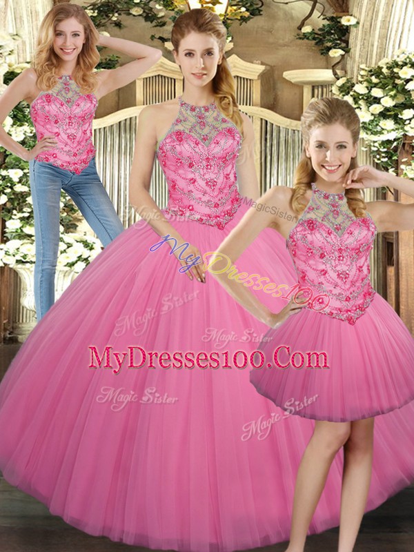 High Class Rose Pink Three Pieces Tulle Halter Top Sleeveless Embroidery Floor Length Lace Up Quinceanera Gowns