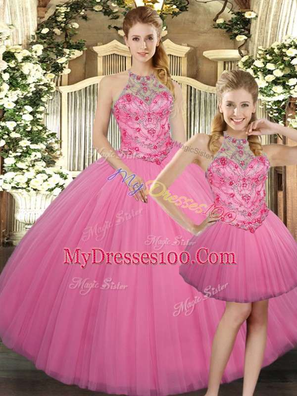 High Class Rose Pink Three Pieces Tulle Halter Top Sleeveless Embroidery Floor Length Lace Up Quinceanera Gowns