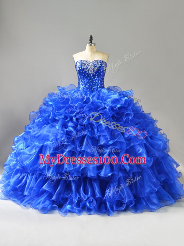 Royal Blue Organza Lace Up Quinceanera Gowns Sleeveless Beading and Ruffles