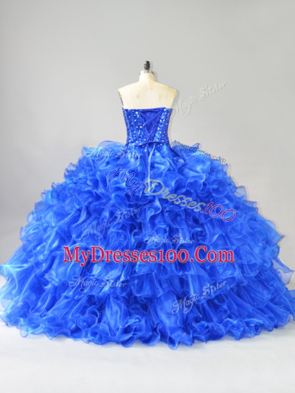Royal Blue Organza Lace Up Quinceanera Gowns Sleeveless Beading and Ruffles