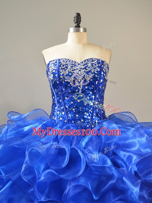 Royal Blue Organza Lace Up Quinceanera Gowns Sleeveless Beading and Ruffles
