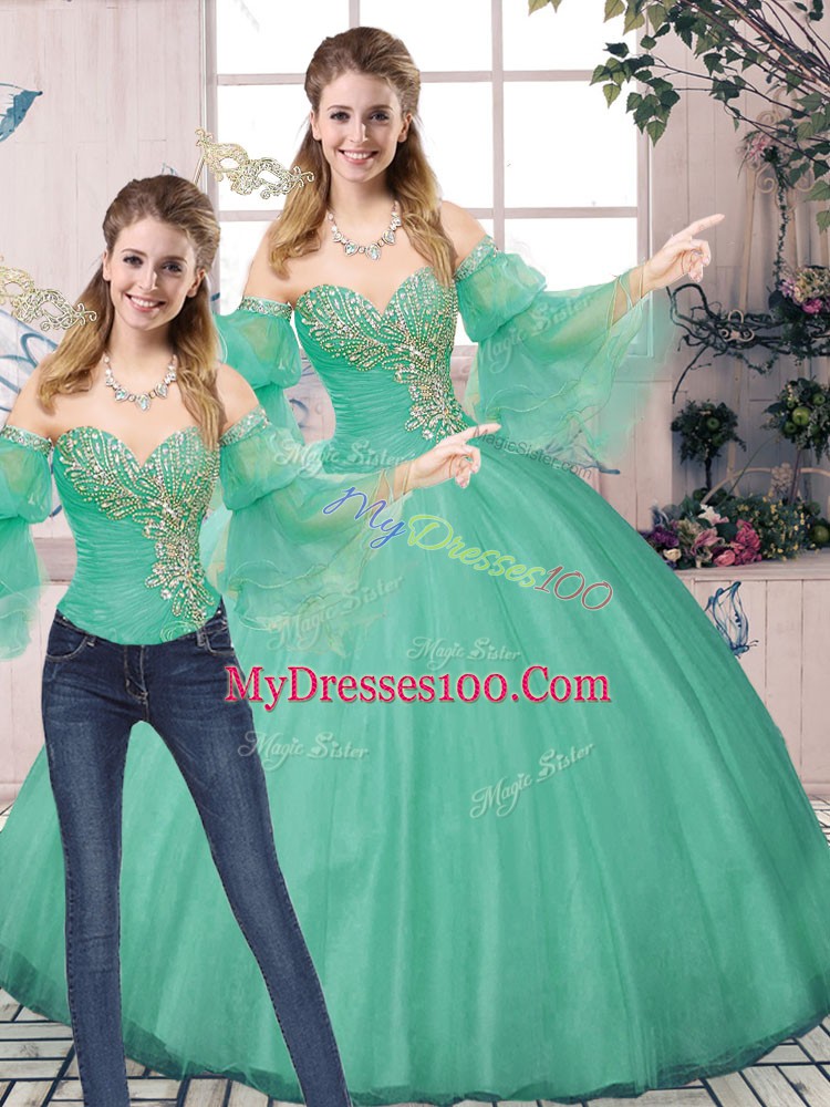 Latest Turquoise Lace Up Quinceanera Gown Beading Sleeveless Floor Length