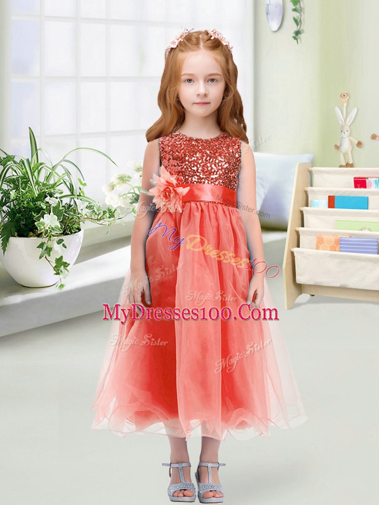 Fashionable Scoop Sleeveless Zipper Flower Girl Dresses Watermelon Red Organza