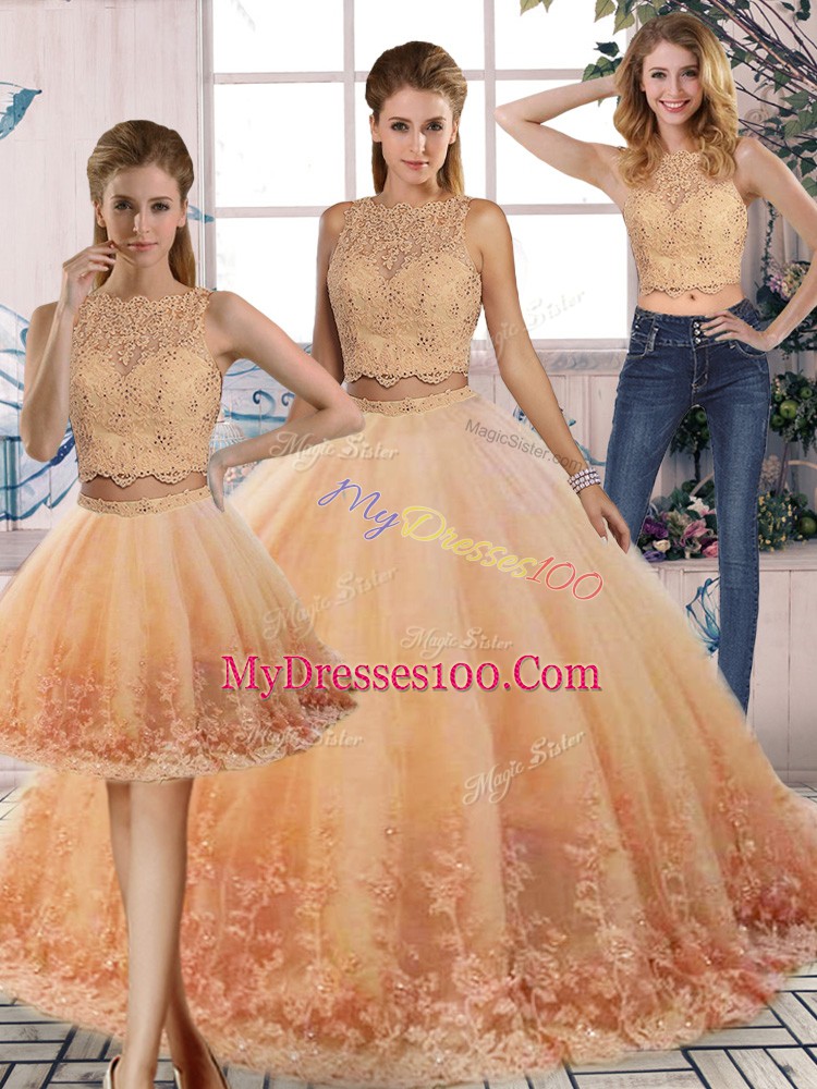 Dazzling Peach Scalloped Neckline Lace Quince Ball Gowns Sleeveless Backless