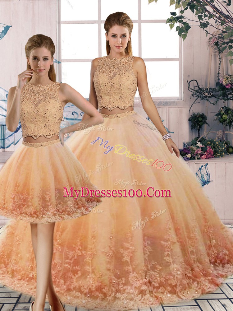 Dazzling Peach Scalloped Neckline Lace Quince Ball Gowns Sleeveless Backless