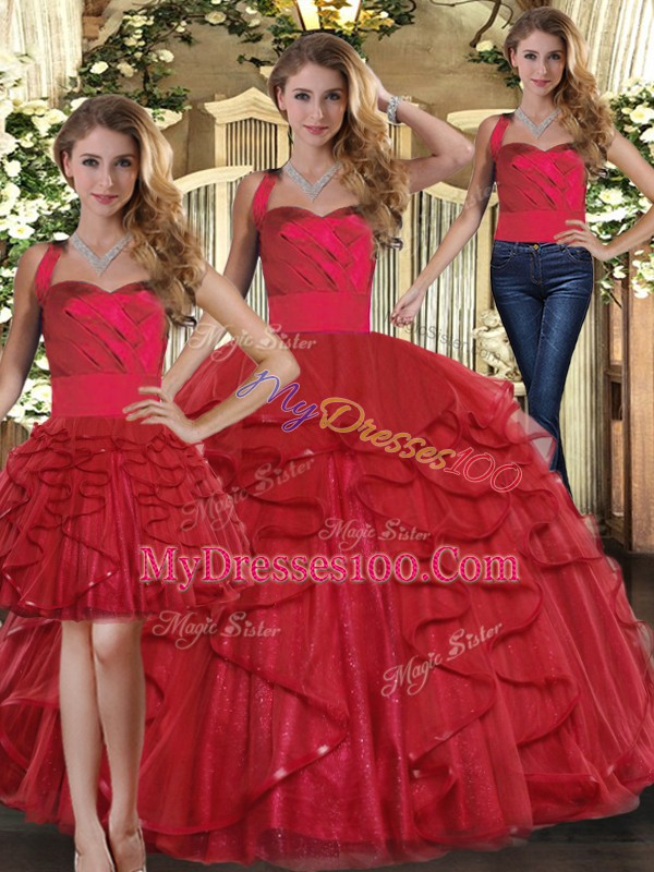 Red Sleeveless Tulle Lace Up Quince Ball Gowns for Sweet 16 and Quinceanera
