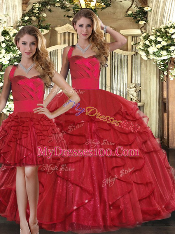 Red Sleeveless Tulle Lace Up Quince Ball Gowns for Sweet 16 and Quinceanera