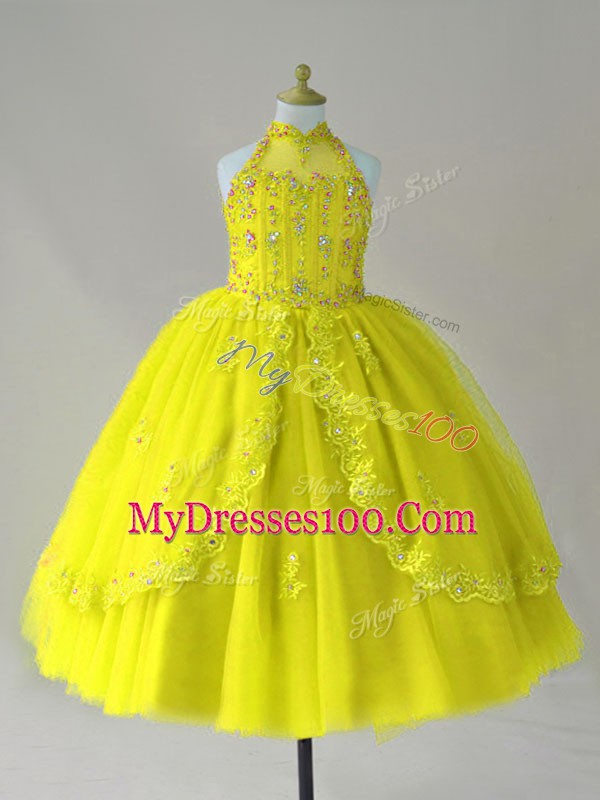 Floor Length Yellow Glitz Pageant Dress Tulle Sleeveless Beading and Appliques