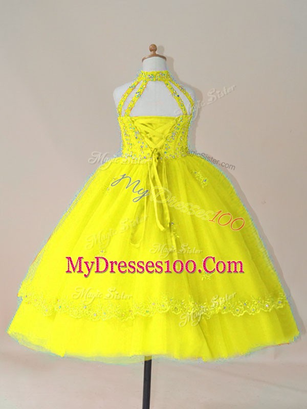 Floor Length Yellow Glitz Pageant Dress Tulle Sleeveless Beading and Appliques