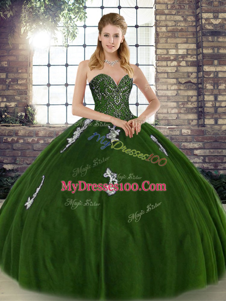 Customized Sleeveless Floor Length Beading and Appliques Lace Up Sweet 16 Quinceanera Dress with Olive Green