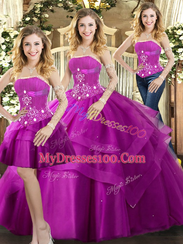 Floor Length Lace Up Quinceanera Dresses Fuchsia for Sweet 16 and Quinceanera with Beading and Ruffled Layers