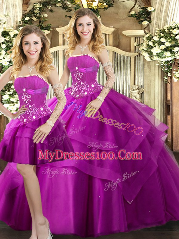Floor Length Lace Up Quinceanera Dresses Fuchsia for Sweet 16 and Quinceanera with Beading and Ruffled Layers