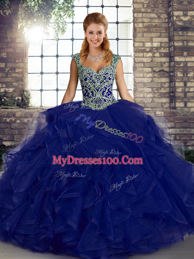 Fancy Straps Sleeveless Lace Up Sweet 16 Dress Purple Tulle