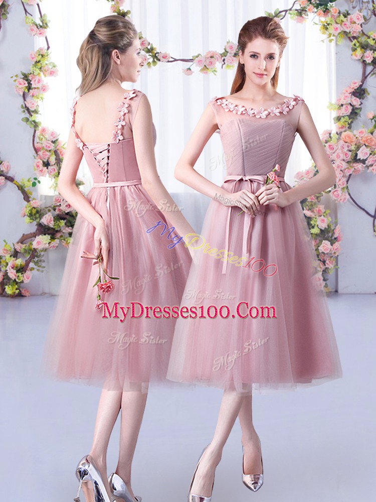 Pink Sleeveless Tea Length Appliques and Belt Lace Up Bridesmaid Dresses