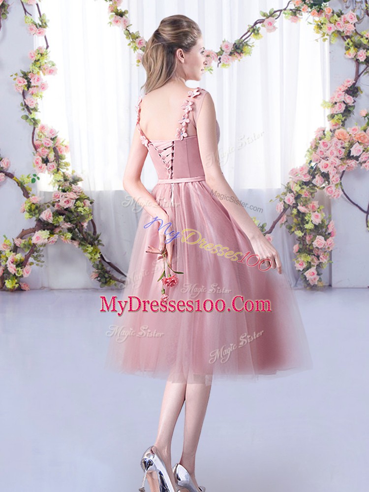 Pink Sleeveless Tea Length Appliques and Belt Lace Up Bridesmaid Dresses