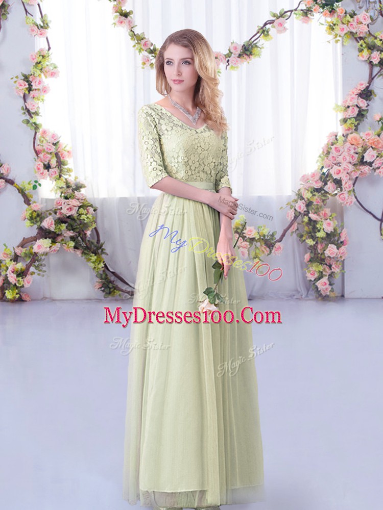Low Price Empire Dama Dress Yellow Green V-neck Tulle Half Sleeves Floor Length Side Zipper