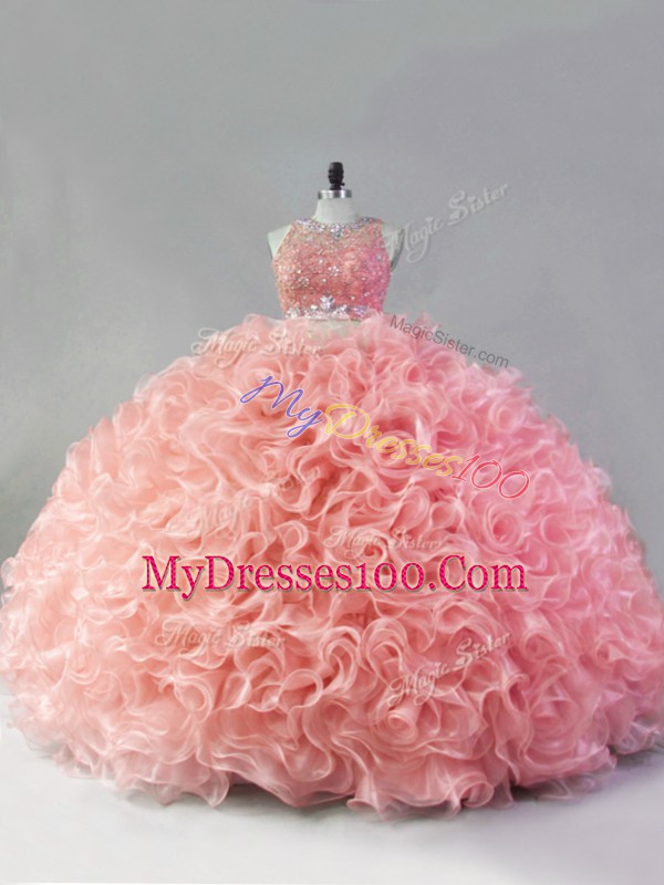 Extravagant Pink Sleeveless Fabric With Rolling Flowers Zipper 15th Birthday Dress for Sweet 16 and Quinceanera
