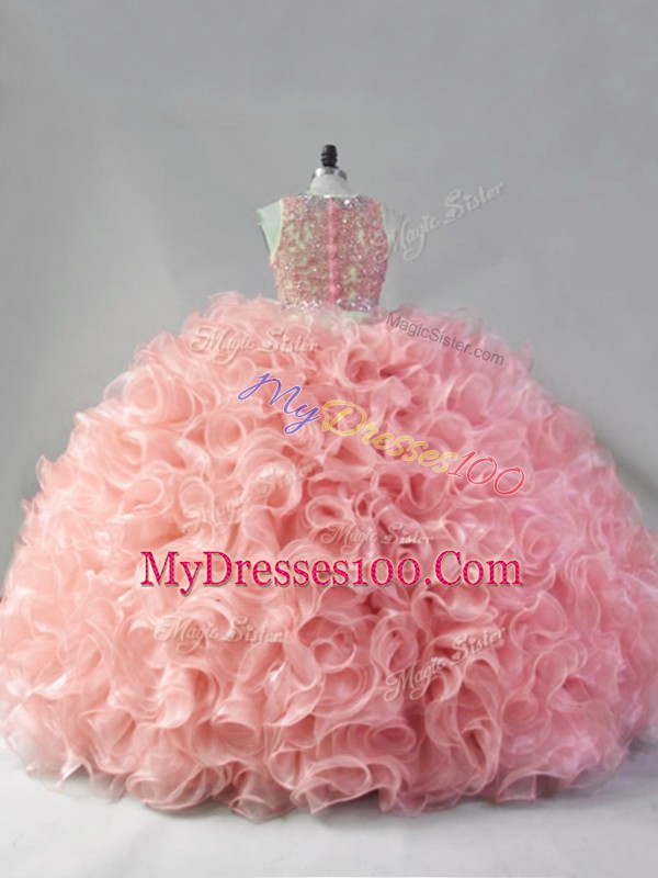 Extravagant Pink Sleeveless Fabric With Rolling Flowers Zipper 15th Birthday Dress for Sweet 16 and Quinceanera