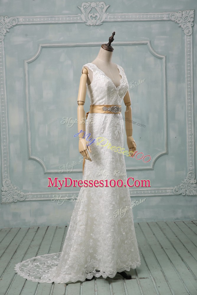 V-neck Sleeveless Wedding Dress Brush Train Beading and Lace and Belt White Lace