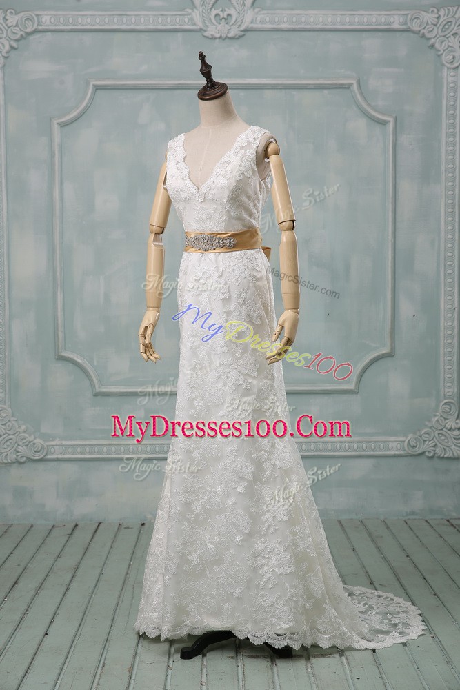 V-neck Sleeveless Wedding Dress Brush Train Beading and Lace and Belt White Lace