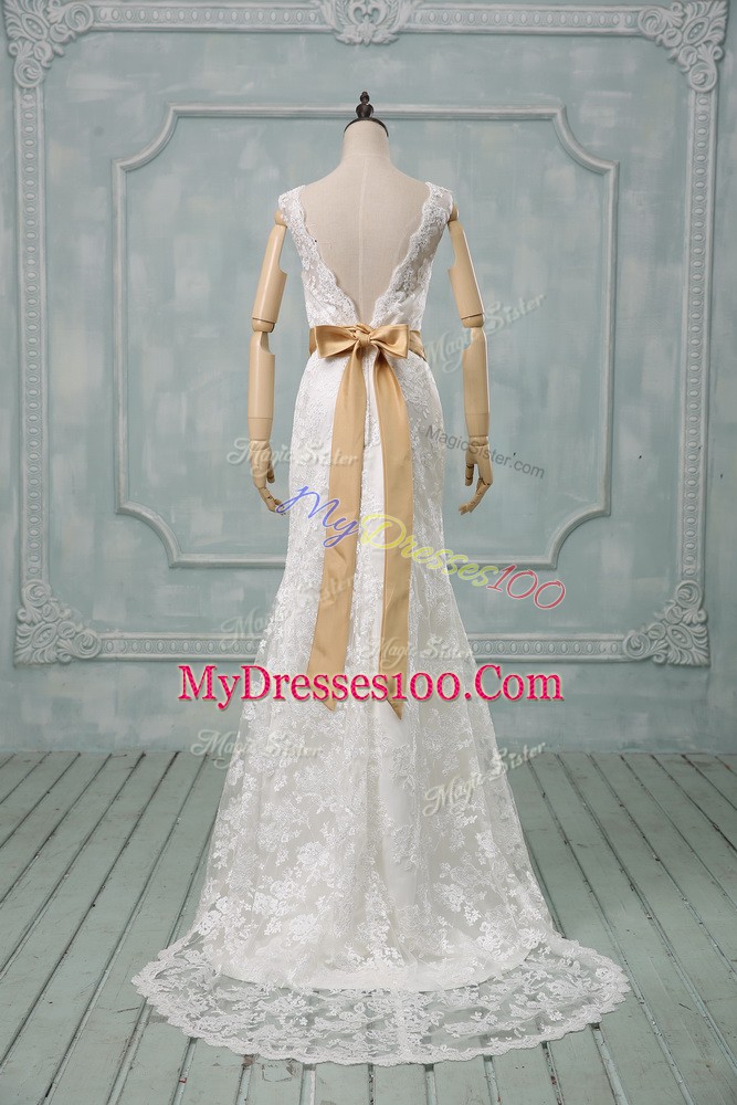 V-neck Sleeveless Wedding Dress Brush Train Beading and Lace and Belt White Lace