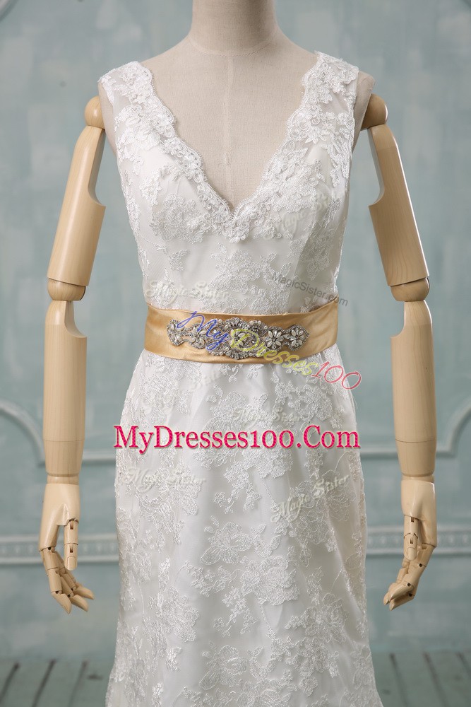 V-neck Sleeveless Wedding Dress Brush Train Beading and Lace and Belt White Lace