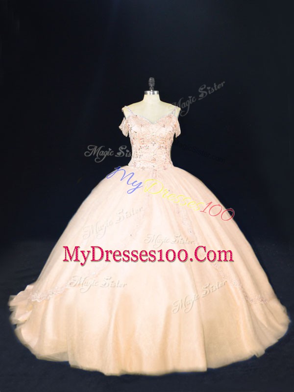 Ball Gowns Sleeveless Peach Quinceanera Dresses Court Train Zipper