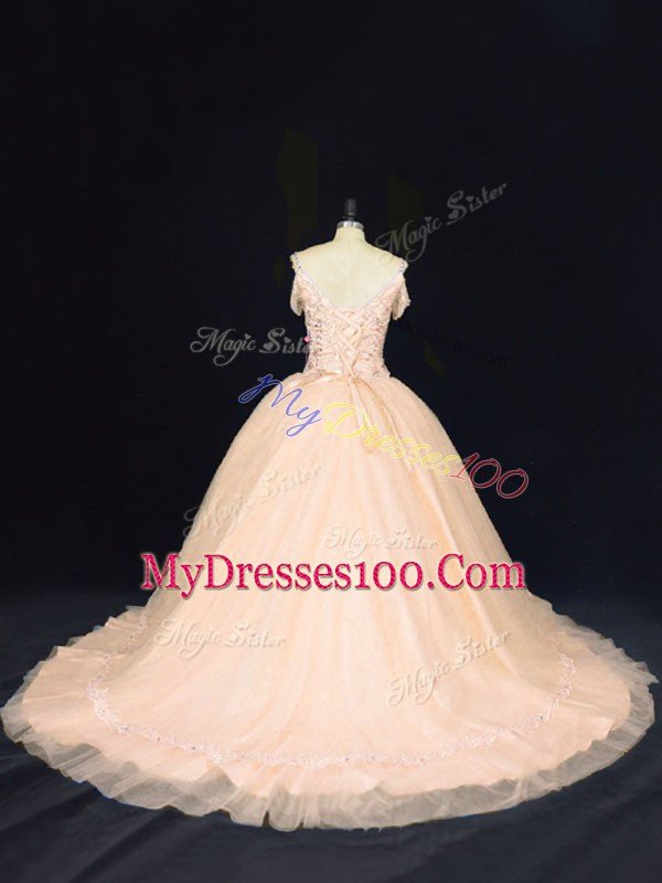 Ball Gowns Sleeveless Peach Quinceanera Dresses Court Train Zipper
