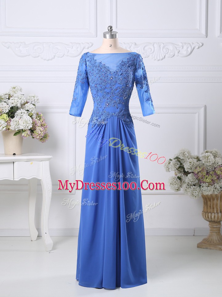 Lace Prom Dress Blue Zipper Half Sleeves Floor Length