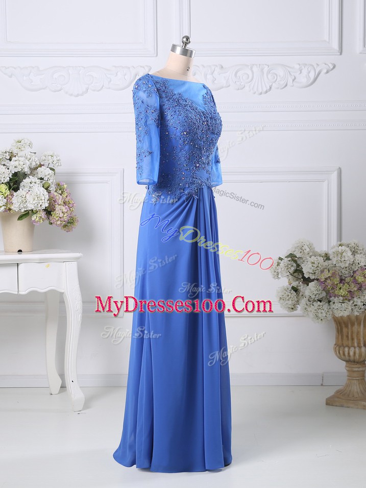 Lace Prom Dress Blue Zipper Half Sleeves Floor Length