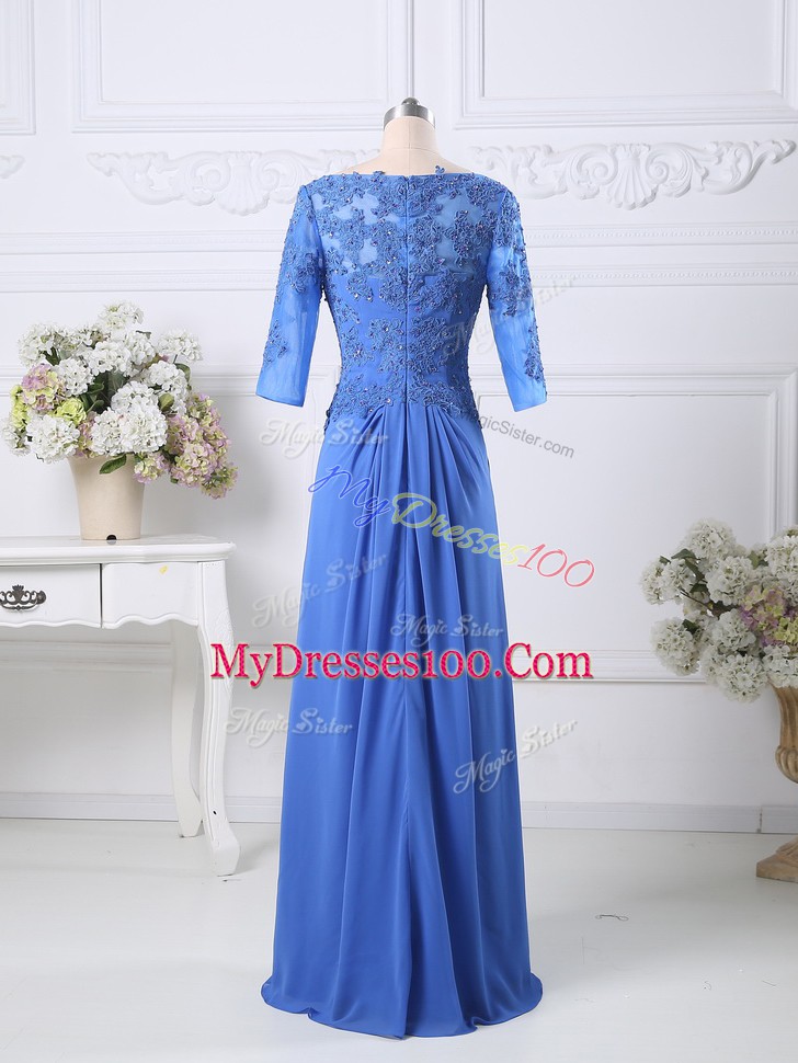 Lace Prom Dress Blue Zipper Half Sleeves Floor Length