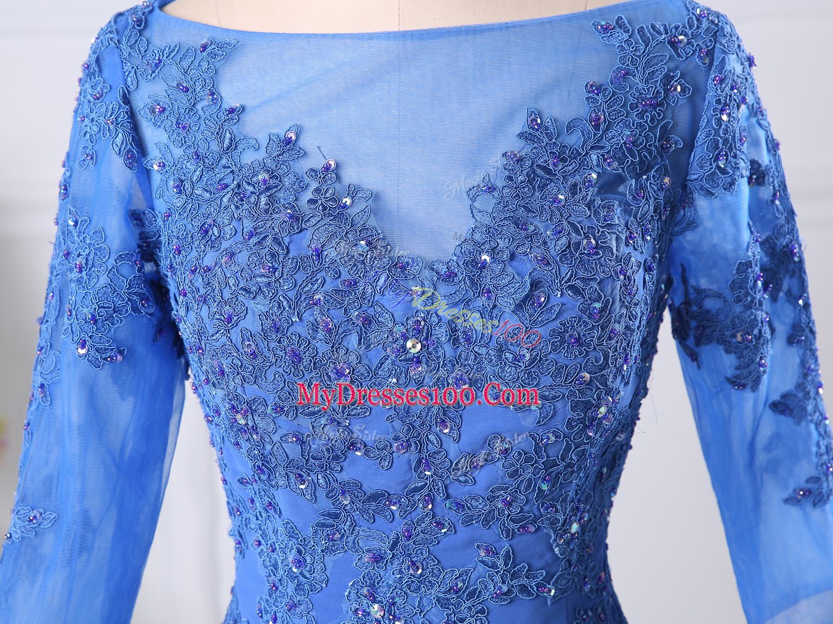 Lace Prom Dress Blue Zipper Half Sleeves Floor Length