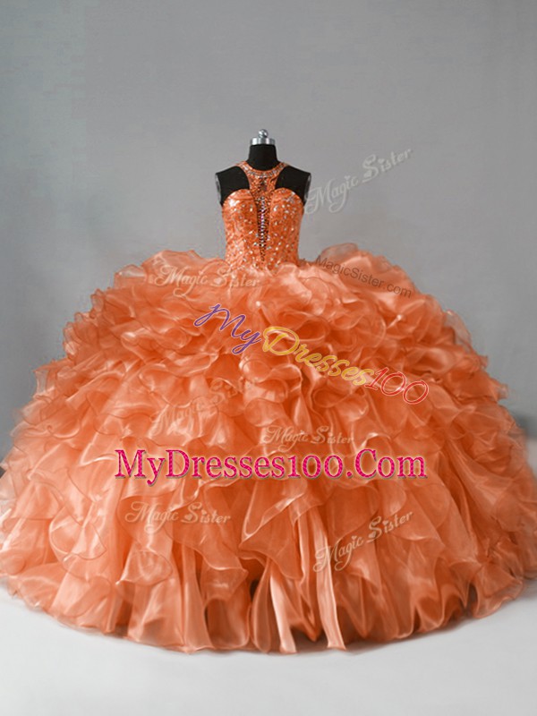 Halter Top Sleeveless Organza Vestidos de Quinceanera Beading and Ruffles Brush Train Zipper