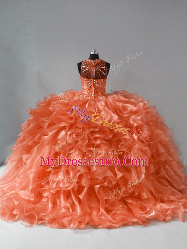 Halter Top Sleeveless Organza Vestidos de Quinceanera Beading and Ruffles Brush Train Zipper