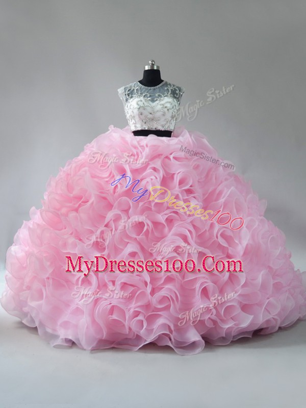 Fashion Sleeveless Brush Train Beading and Ruffles Zipper Sweet 16 Dresses