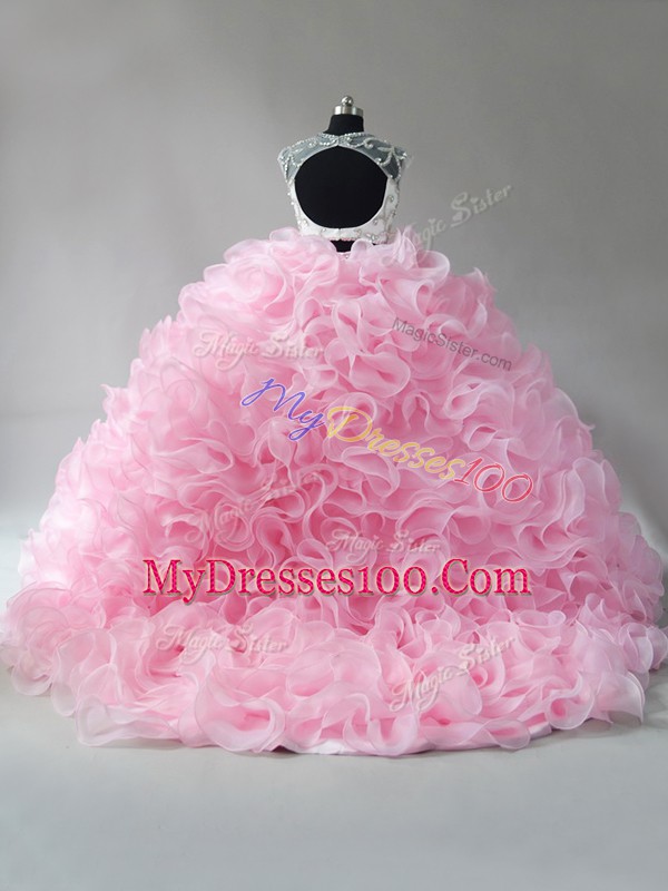 Fashion Sleeveless Brush Train Beading and Ruffles Zipper Sweet 16 Dresses
