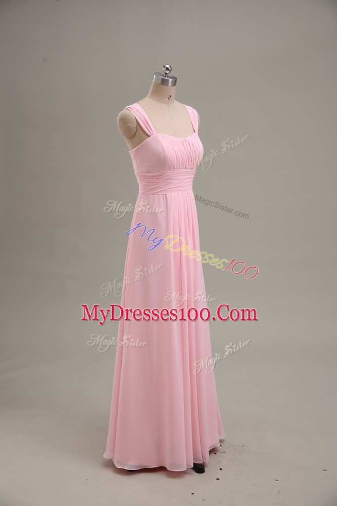 Inexpensive Baby Pink A-line Chiffon Straps Sleeveless Ruching Floor Length Zipper Prom Dresses