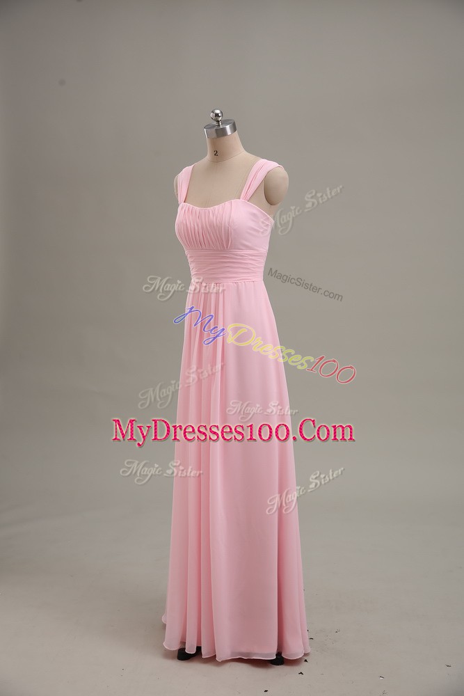 Inexpensive Baby Pink A-line Chiffon Straps Sleeveless Ruching Floor Length Zipper Prom Dresses