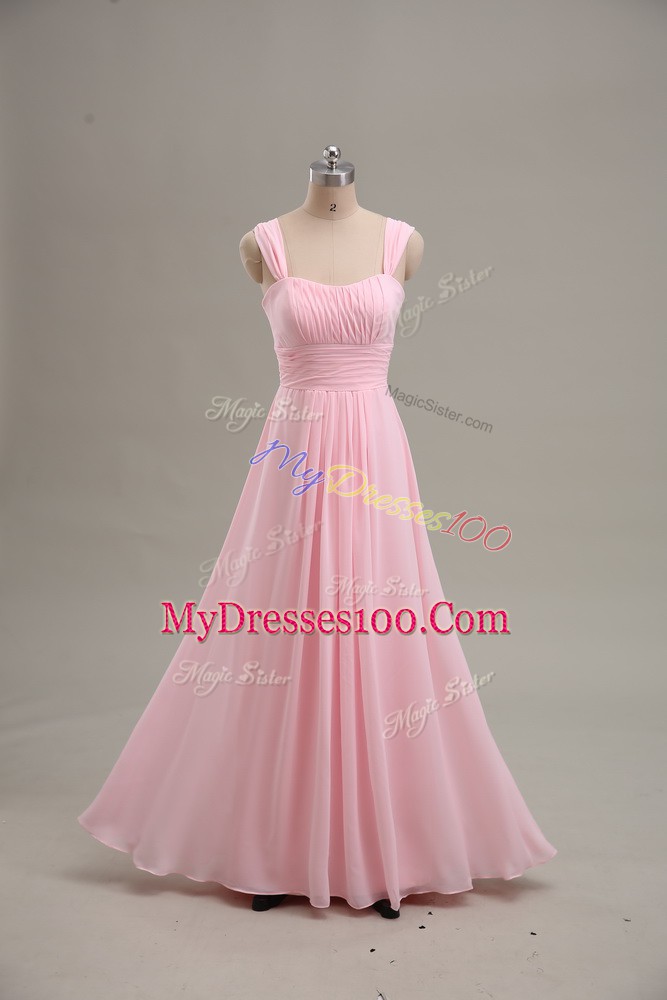 Inexpensive Baby Pink A-line Chiffon Straps Sleeveless Ruching Floor Length Zipper Prom Dresses