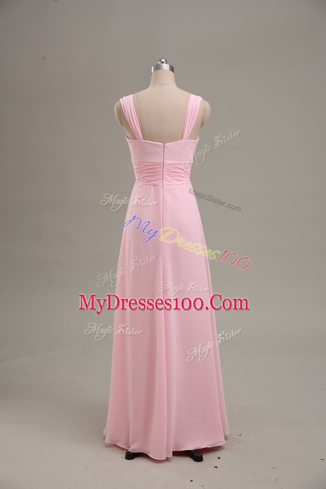 Inexpensive Baby Pink A-line Chiffon Straps Sleeveless Ruching Floor Length Zipper Prom Dresses