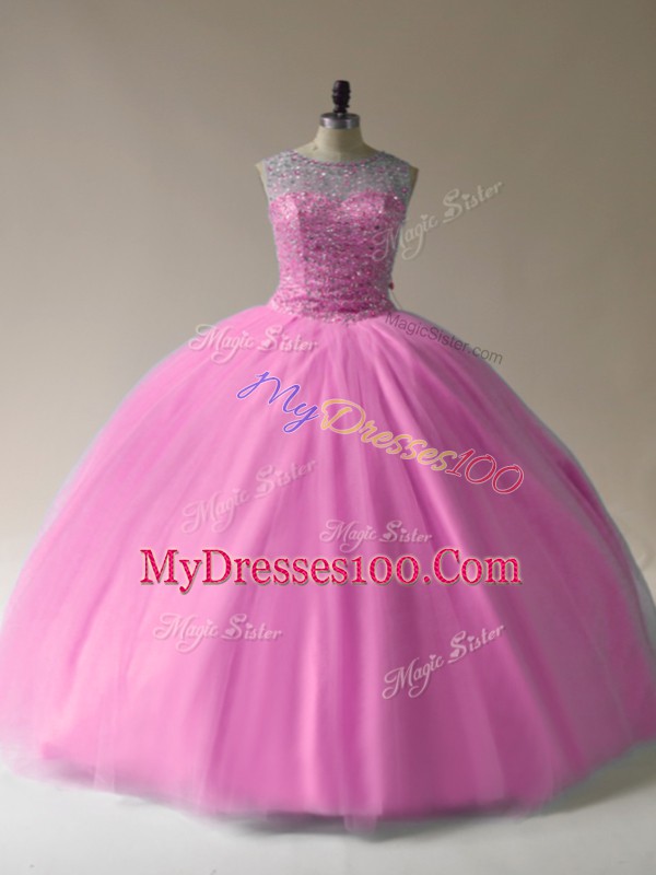 Floor Length Lace Up Ball Gown Prom Dress Baby Pink for Sweet 16 and Quinceanera with Beading